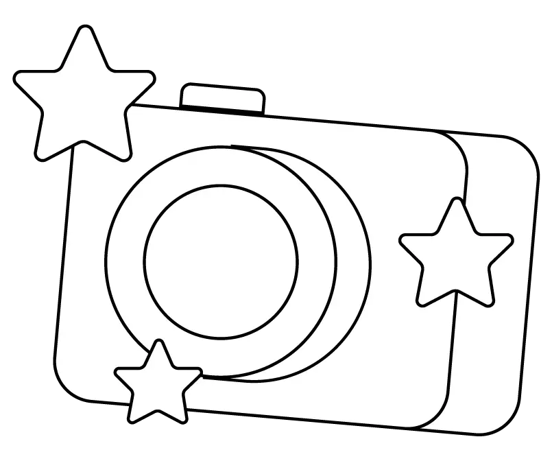 Black and white camera icon with flash stars