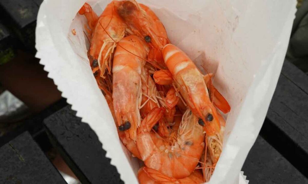 Prawns in paper from Southwold beach