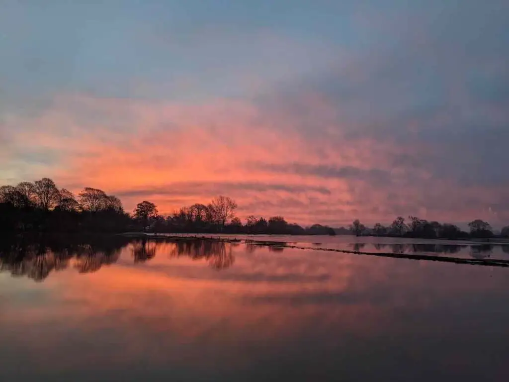 Red sky reflections in water lined by trees