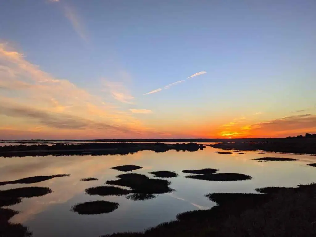 Reflections in a still body of water at sunrise