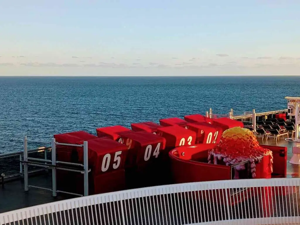 View of the Virgin Voyages deck from the cruise running track