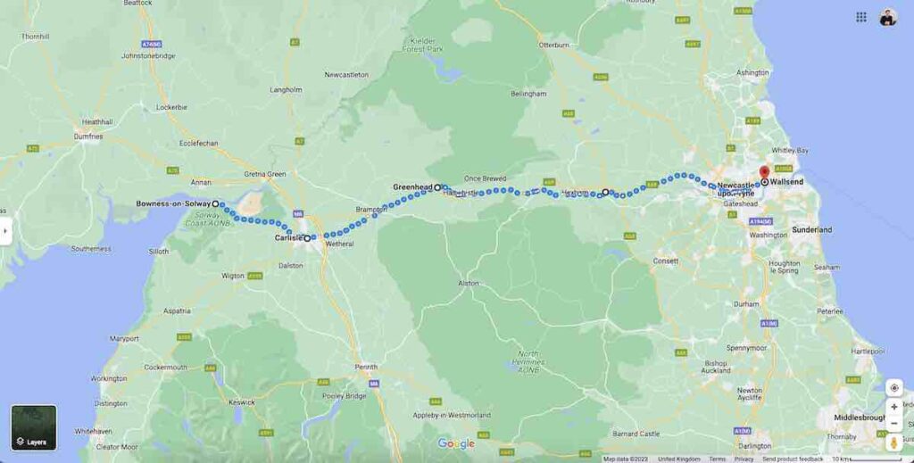 Hadrians Wall run route Bowness-on-Solway to Wallsend